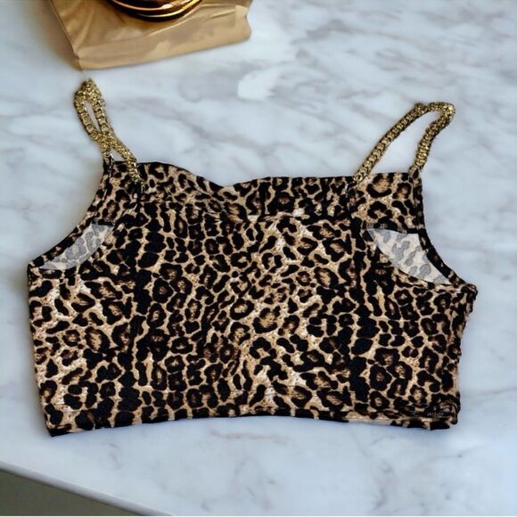 🍭 SHEIN Sexy Cropped Top Animal Print Draped Bodice Gold Chain Straps Size Large - Picture 11 of 16